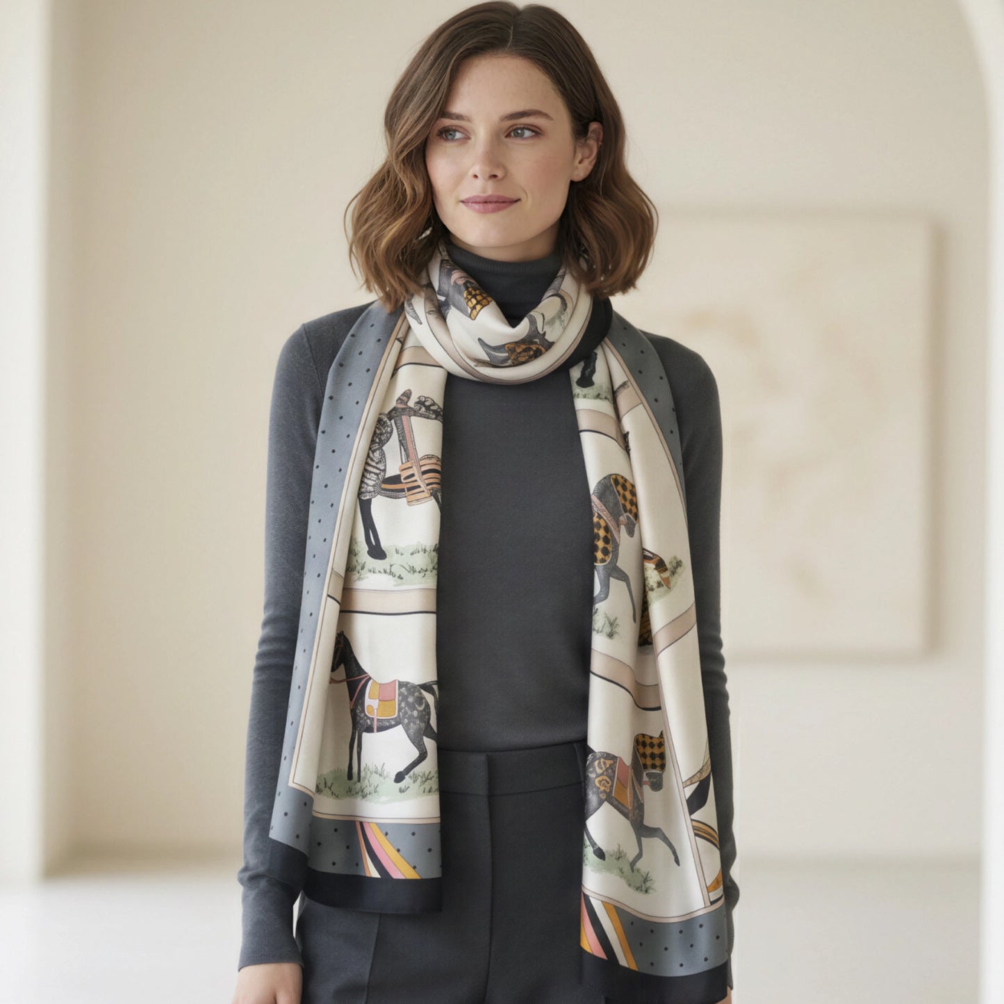 Horses Black Edge Silk Scarf