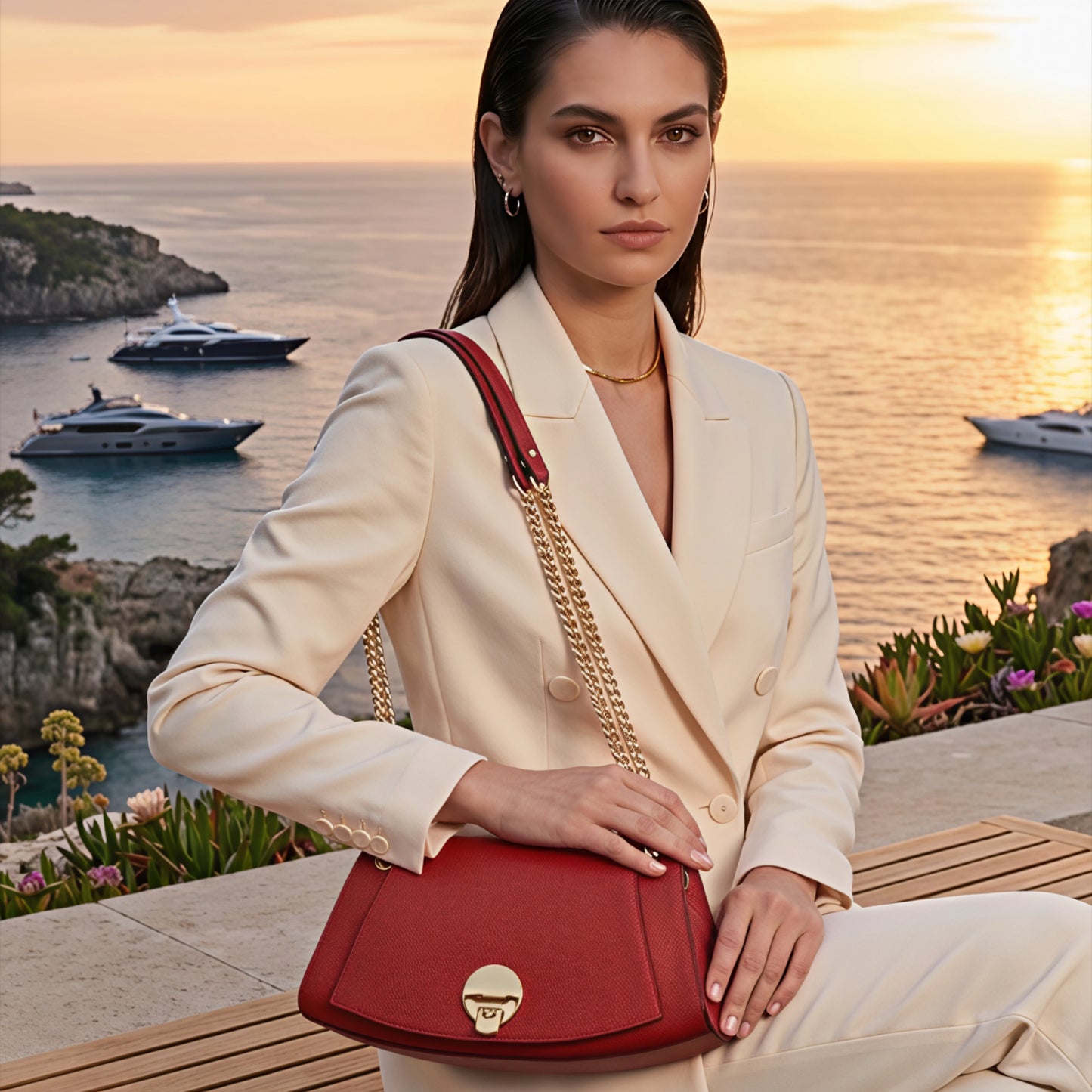 Carrie Red Leather Bag Gold Chain