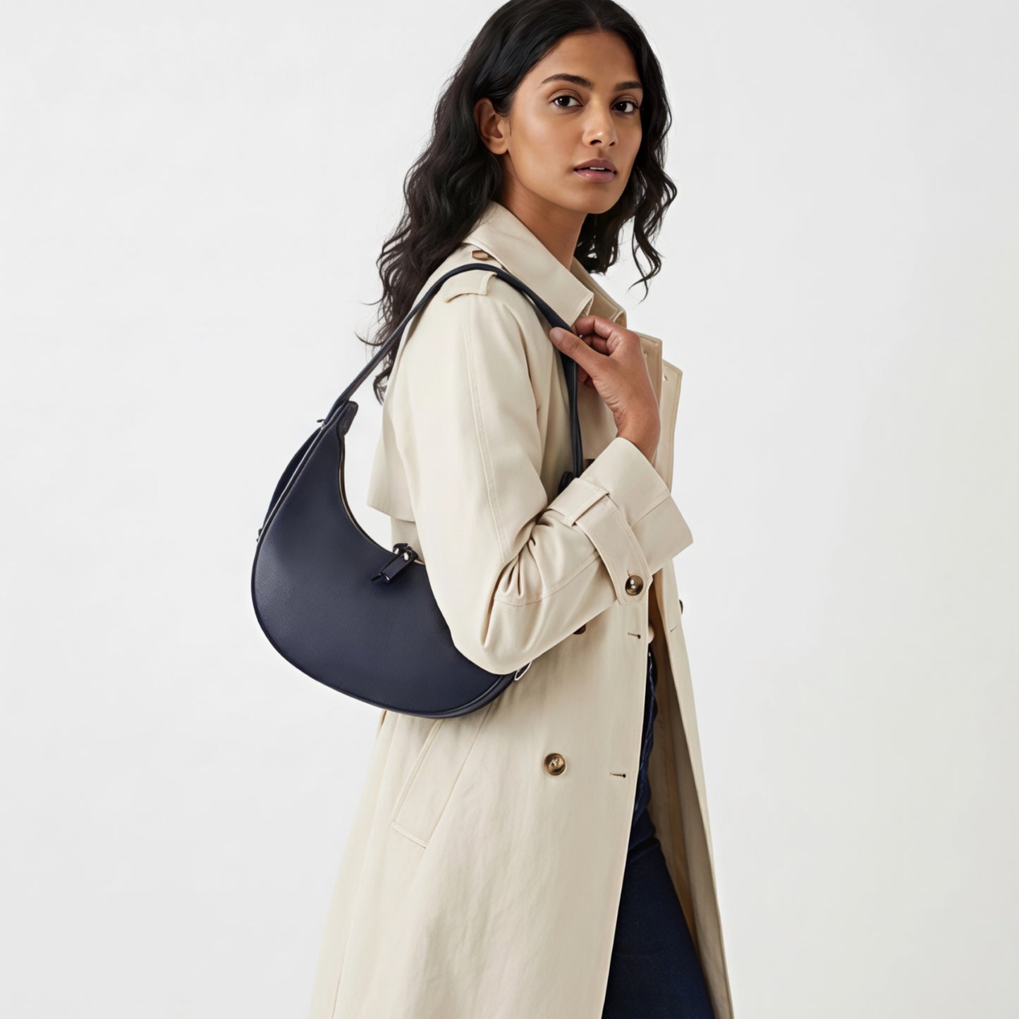 Chloe Navy Curved Leather Shoulder Bag