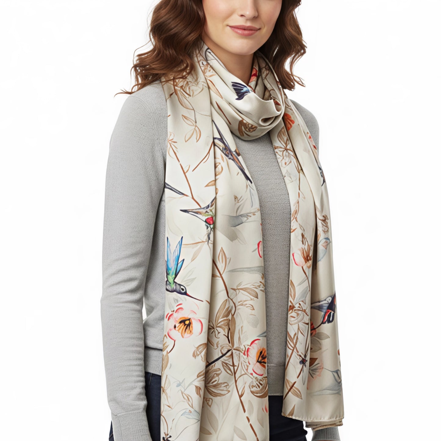 Botanical Birds Satin Silk Scarf