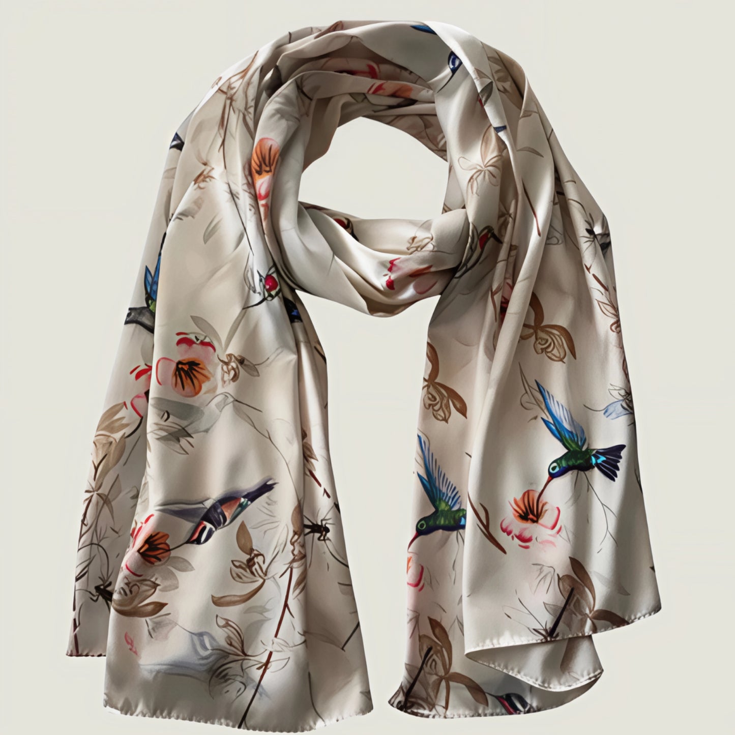 Botanical Birds Satin Silk Scarf